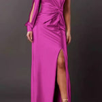 One-shoulder satin twisted high-slit maxi dress