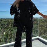 Holiday Crochet Flowers Lace Short Sleeve Shirt and Elastic Waist Wide Leg Pants Set