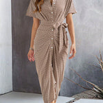 Half Sleeves High Waisted Buttoned Pleated Tied Waist V-Neck Midi Dresses