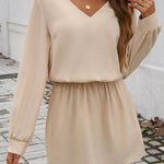 A-Line High Waisted Elasticity Pleated Solid Color V-Neck Mini Dresses