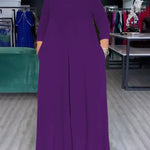 Loose Wide Leg Pockets Solid Color Round-Neck Jumpsuits