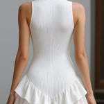 White Sleeveless Rib-Knit Tiered Ruffle Mini Dress