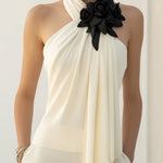 Chic Draped Halter Top With Elegant Floral Detailing
