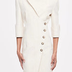 Elegant Look Linen Blend Stand Lapel Neck Half Sleeve Side Button Midi Dress