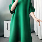 A-line Flared Sleeves Pleated Solid Color Round-neck Maxi Dresses Midi Dresses