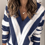 V Neck Stripe Color Block Loose Oversized Pullover Sweater