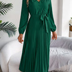 High Waisted Long Sleeves Belted Buttoned Pleated Solid Color V-Neck Maxi Dresses