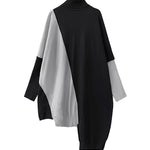 Batwing Sleeves Hipster Asymmetric Contrast Color Split-Joint High-Neck Midi Dresses Sweater Dresses