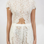 Elegance Avant-garde Floral Lace Short Sleeve High Low Top and High Rise Wide Leg Pants Set