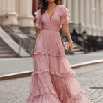 Ruffled V-Neck Tiered Maxi Dress