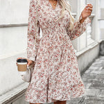 A-Line Long Sleeves Elasticity Flower Print V-Neck Midi Dresses