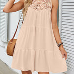 A-Line Loose Hollow Pleated Solid Color Split-Joint Round-Neck Mini Dresses