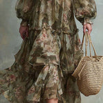 Vintage Floral Chiffon Long-Sleeve Tiered Midi Dress