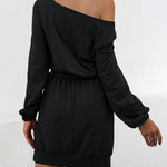 Long Sleeves Loose Elasticity Solid Color Tied Waist One-Shoulder Mini Dresses