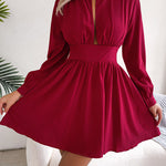 A-Line Elasticated Waist Hollow Solid Color Zipper Half Turtleneck Mini Dresses