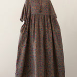 Vacation Loose Half Sleeves Floral Printed Pleated Round-Neck Midi Dresses