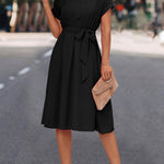 A-Line High Waisted Buttoned Solid Color Tied Waist Lapel Collar Midi Dresses Shirt Dress