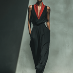 Women's Black Chiffon Sleeveless Jumpsuit With Red Contrast V-Neck Collar & Wide-Leg