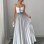 A-Line Sleeveless Contrast Color Pleated Split-Joint Striped Spaghetti-Neck Maxi Dresses
