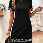 Bodycon Loose Contrast Color Leopard Split-Joint Round-Neck Mini Dresses