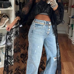 Fashion Denim Button Pocket Ripped Raw Edge Loose Jeans