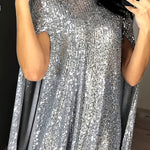 Cape Long Sleeves Sequined Shiny Split-Joint Mock Neck Mini Dresses