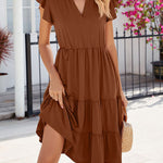 Loose Ruffle Sleeves Pleated Pockets Solid Color Split-Joint V-Neck Midi Dresses