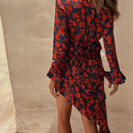 Romantic Summer Floral Print Asymmetric Ruffle Design Tie-up Mini Dress