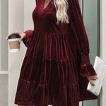 A-Line Long Sleeves Pleated Solid Color Velvet V-Neck Mini Dresses