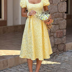 High Waisted Puff Sleeves Jacquard Pleated Solid Color Split-Joint Square-Neck Midi Dresses