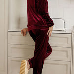 Red Solid Velvet Round Neck Top & Drawstring Pants Longe Set