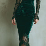 Elegant Green Velvet Long Sleeve Lace Midi Dress