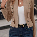 Stand Collar Open Front Button Decor Jacket