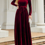 Long Sleeves Wrap Belted Pleated Solid Color Zipper Round-Neck Maxi Dresses