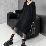 Irregularity Long Sleeves Contrast Color Sequined Shiny Split-Joint Tasseled V-Neck Midi Dresses Sweater Dresses