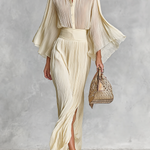 Women's Pleated Chiffon Stand Collar Trumpet Sleeve Shirt Slit Floor Length Skirt Two-piece Set