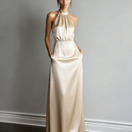 Women's Elegant Beige Satin Halter-neck Sleeveless Maxi Dress