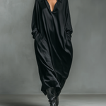 Women's Fashionable Casual Black Glossy Satin Long-sleeved Loose-fitting Maxi Dress With Pockets