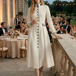 A-Line Elasticated Waist Belted Buttoned Contrast Color Line Split-Joint Stand Collar Maxi Dresses