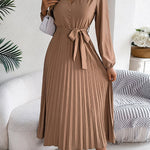 High Waisted Long Sleeves Belted Buttoned Pleated Solid Color V-Neck Maxi Dresses