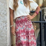 Resort Style Unique Print Pleated Elastic Waist Maxi Skirt