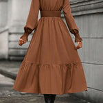 A-Line Flared Sleeves Elasticity Pleated Solid Color V-Neck Midi Dresses