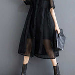 Half Sleeves Loose Hollow Solid Color Split-Joint Zipper Lapel Midi Dresses Shirt Dress