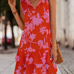 A-Line High Waisted Falbala Printed Split-Joint Tied Tiered V-Neck Mini Dresses