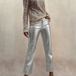 Sinclair Metallic Faux Leather High Rise Pocketed Straight Pants