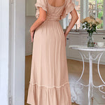 A-Line High Waisted Pleated Ruffle Trim Split-Joint Zipper Square-Neck Midi Dresses
