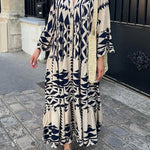 A-Line Long Sleeves Buttoned Contrast Color Pleated Printed Split-Joint Stand Collar Maxi Dresses Shirt Dress