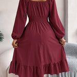A-Line Elasticated Waist Pleated Ruffled Solid Color Square-Neck Midi Dresses
