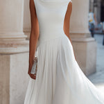 Draped Neck Sleeveless Pleated Midi Dress