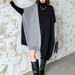 Batwing Sleeves Hipster Asymmetric Contrast Color Split-Joint High-Neck Midi Dresses Sweater Dresses